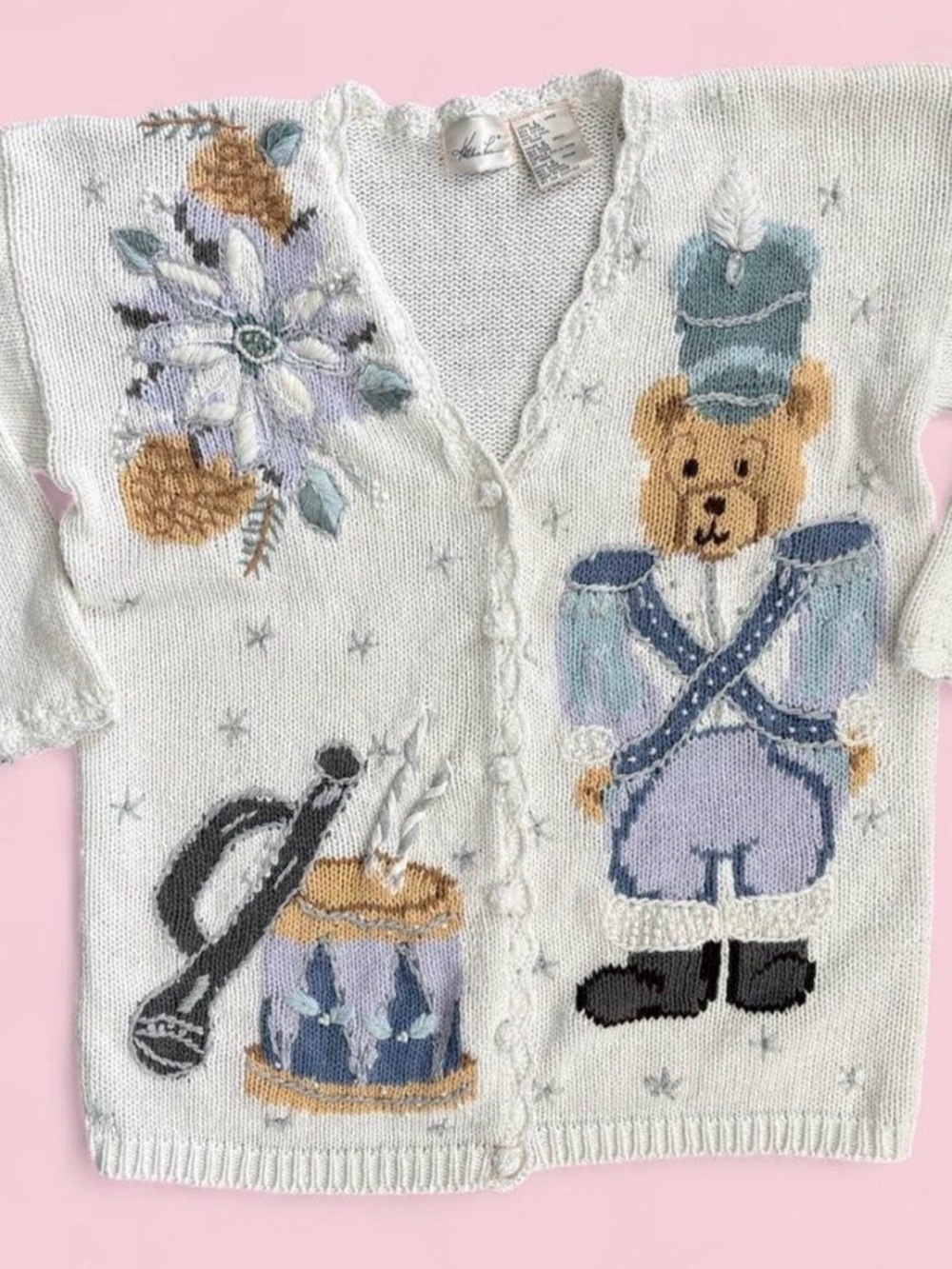 Vintage Kathie Lee Teddy Bear Drummer Christmas Cardigan Cream Sweater Sz Large